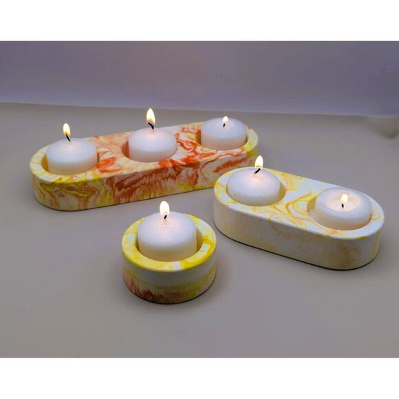 Handmade Eco Resin Tealight Candle Holder Set Marbled Yellow & Orange - Picture 1 of 8